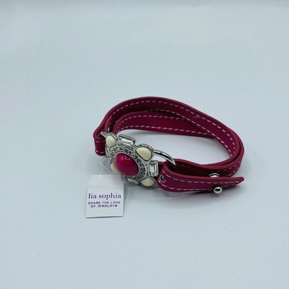Lia Sophia Under Wraps Genuine Leather Bracelet Pink Hibiscus 6.5" -7" NWT - Picture 2 of 4